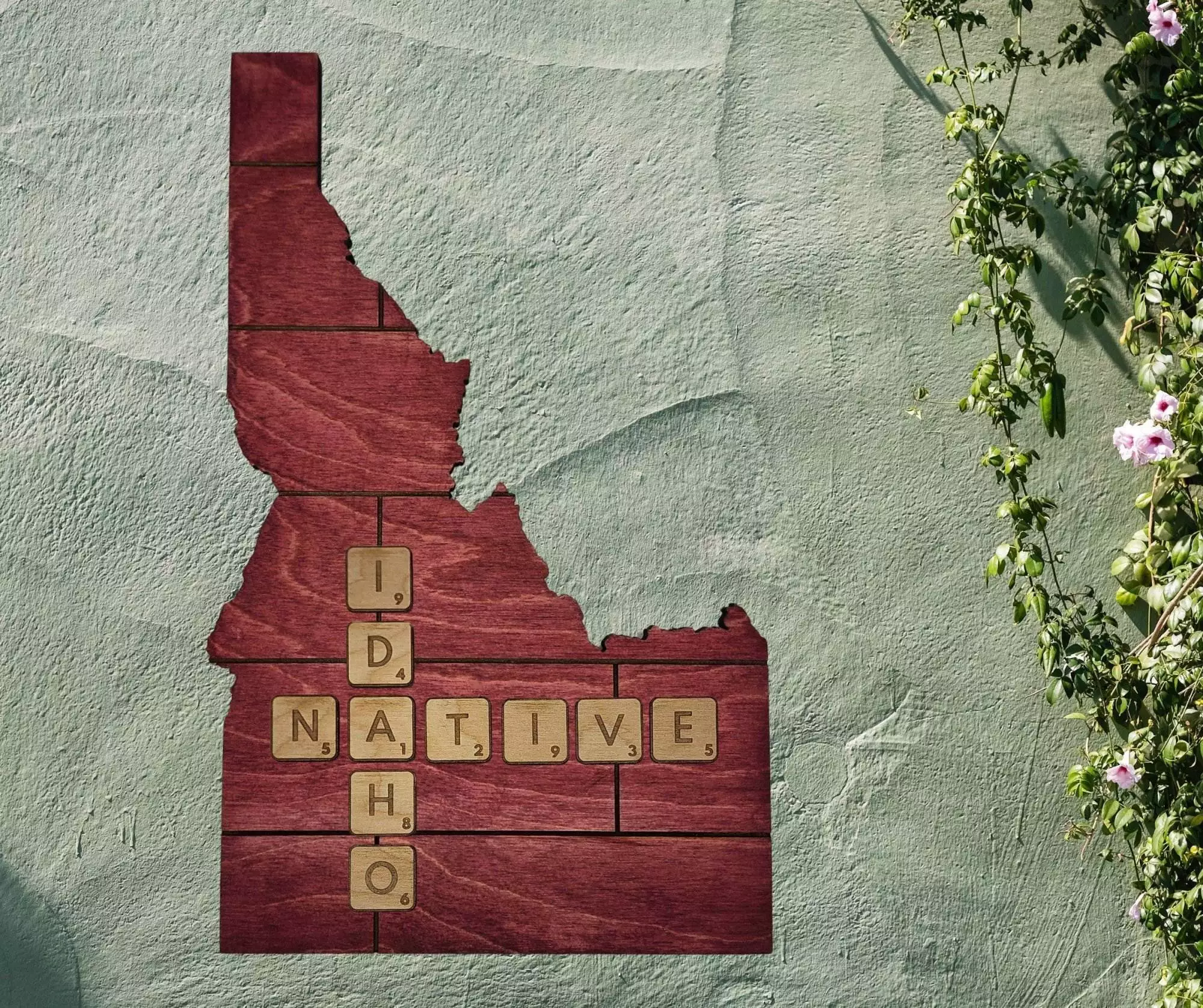 Idaho Native Accent | Rustic Laser Cut Wall & Table Decor | Unique Idaho Sign with Tile Letters for Home or Cabin Decor - Red Stain - Faux Plank Engrave - Image 2