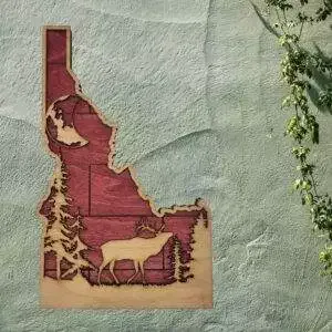 Idaho Sign – Rustic Home Decor with Forest Scene, Perfect Gift for Idaho Lovers & Nature Enthusiasts – Red Planked Stain
