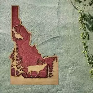 Idaho Sign – Rustic Home Decor with Forest Scene, Perfect Gift for Idaho Lovers & Nature Enthusiasts – Red Stain