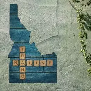 Idaho Native Accent | Rustic Laser Cut Wall & Table Decor | Unique Idaho Sign with Tile Letters for Home or Cabin Decor – Turquoise Stain – Faux Plank Engrave