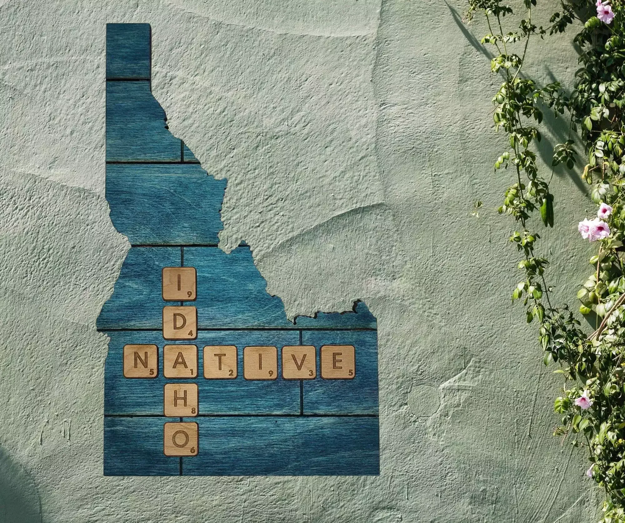 Idaho Native Accent | Rustic Laser Cut Wall & Table Decor | Unique Idaho Sign with Tile Letters for Home or Cabin Decor - Turquoise Stain - Faux Plank Engrave - Image 2