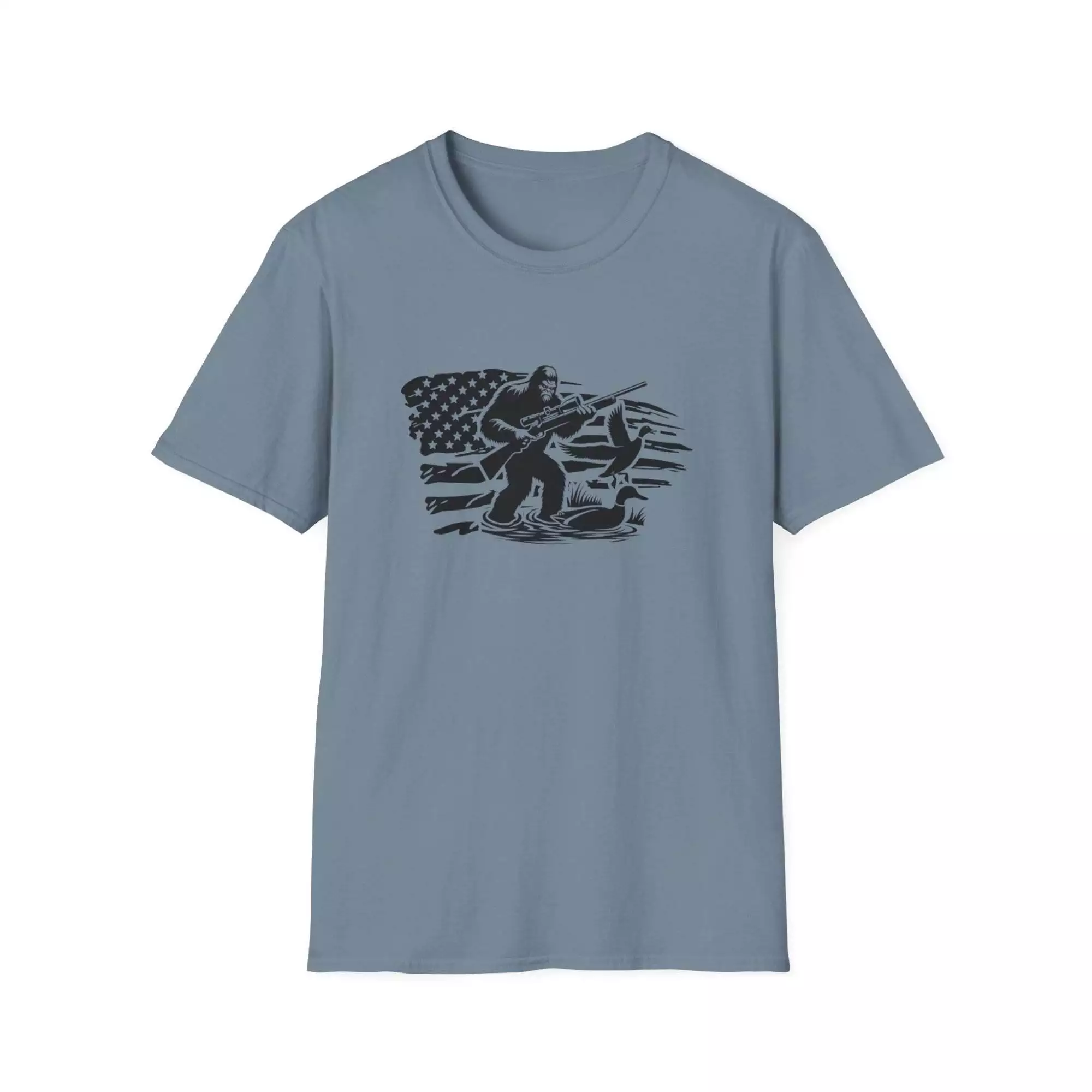 Distressed US Flag Bigfoot Hunting T-Shirt, Patriotic American Tee, Sasquatch Lover Gift, Vintage American Flag Shirt, USA Hunting Shirt, - Image 9