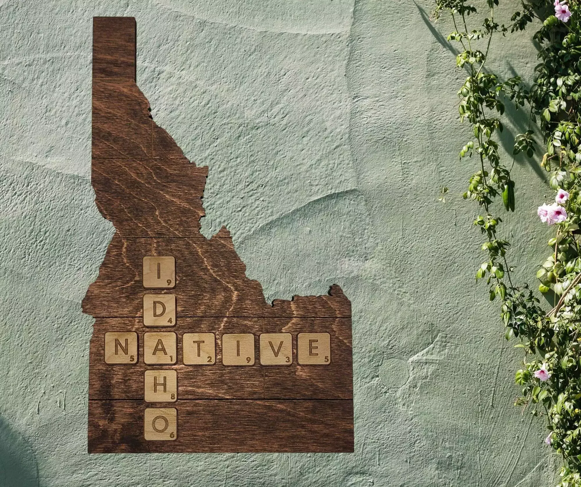 Idaho Native Accent | Rustic Laser Cut Wall & Table Decor | Unique Idaho Sign with Tile Letters for Home or Cabin Decor - Walnut Stain - Faux Plank Engrave - Image 2