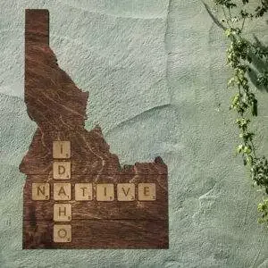 Idaho Native Accent | Rustic Laser Cut Wall & Table Decor | Unique Idaho Sign with Tile Letters for Home or Cabin Decor – Walnut Stain