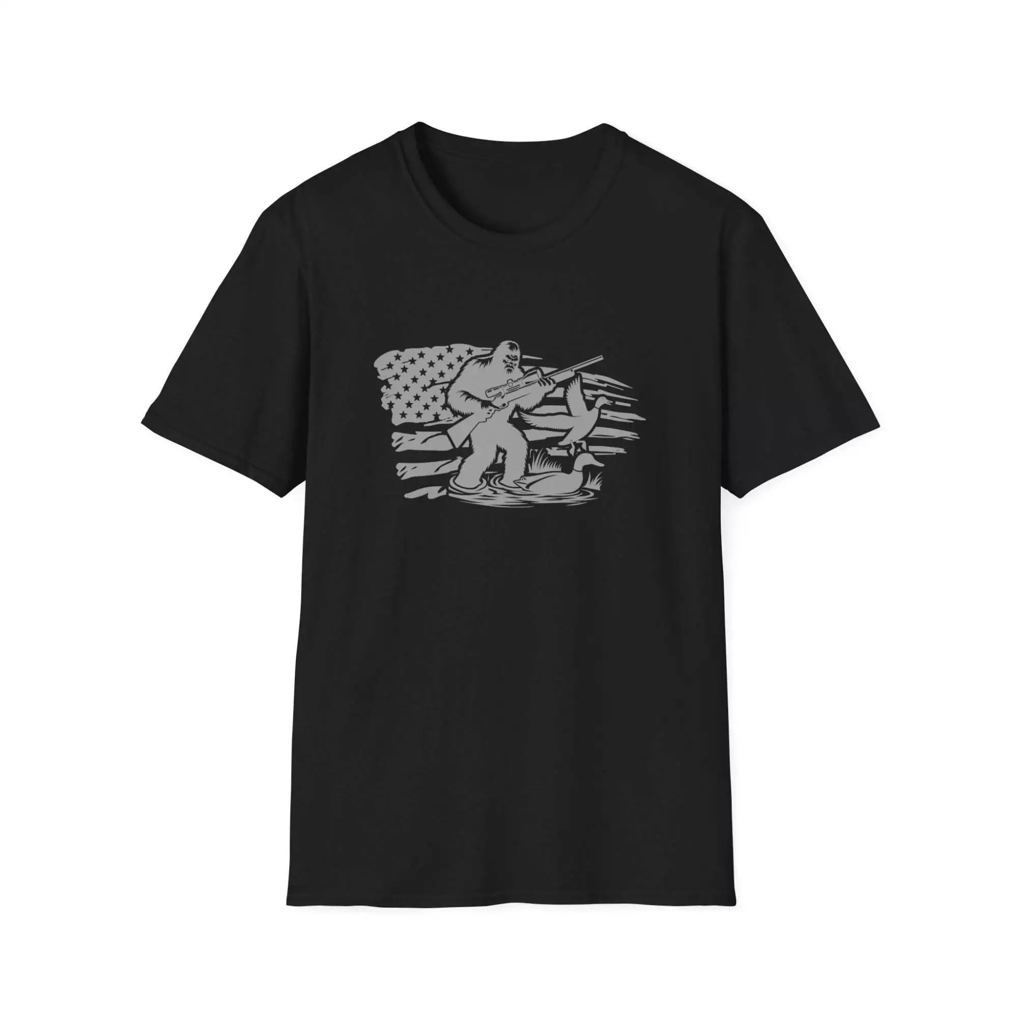 Distressed US Flag Bigfoot Hunting T-Shirt, Patriotic American Tee, Sasquatch Lover Gift, Vintage American Flag Shirt, USA Hunting Shirt, - Image 3