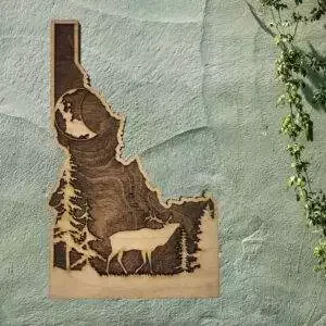 Idaho Sign – Rustic Home Decor with Forest Scene, Perfect Gift for Idaho Lovers & Nature Enthusiasts – Walnut Stain