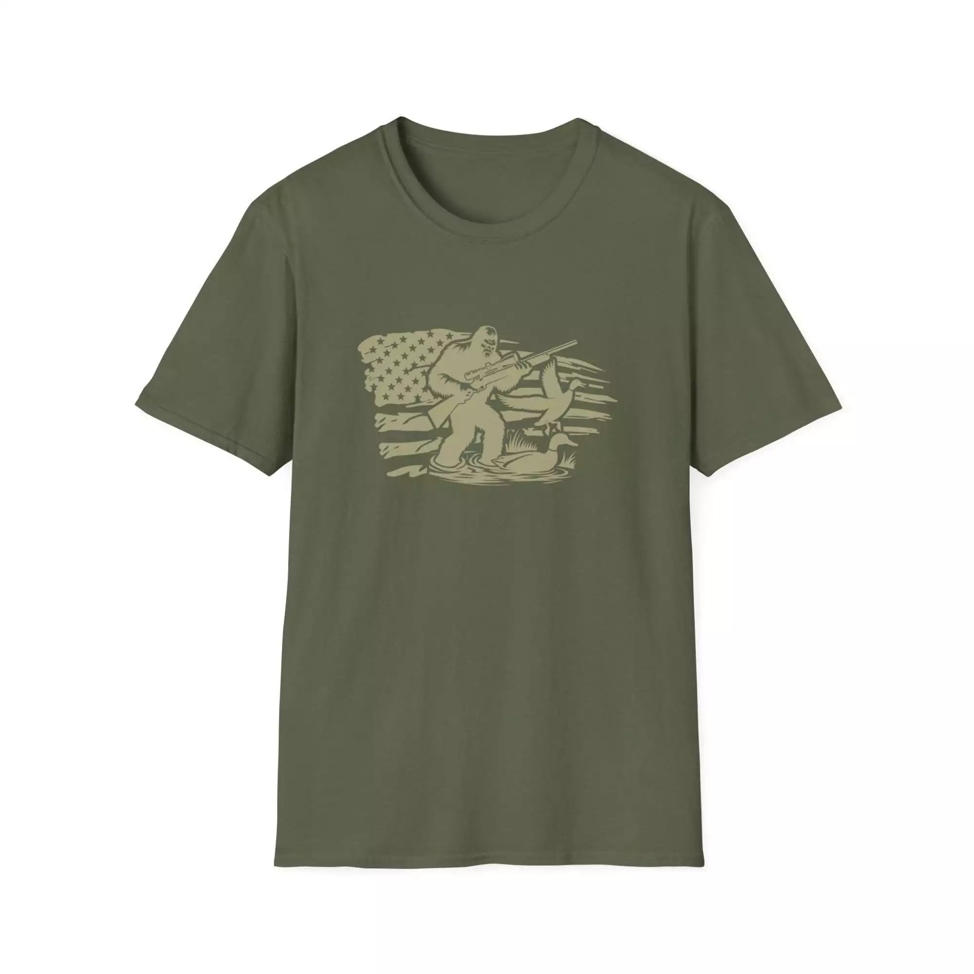 Distressed US Flag Bigfoot Hunting T-Shirt, Patriotic American Tee, Sasquatch Lover Gift, Vintage American Flag Shirt, USA Hunting Shirt, - Image 6