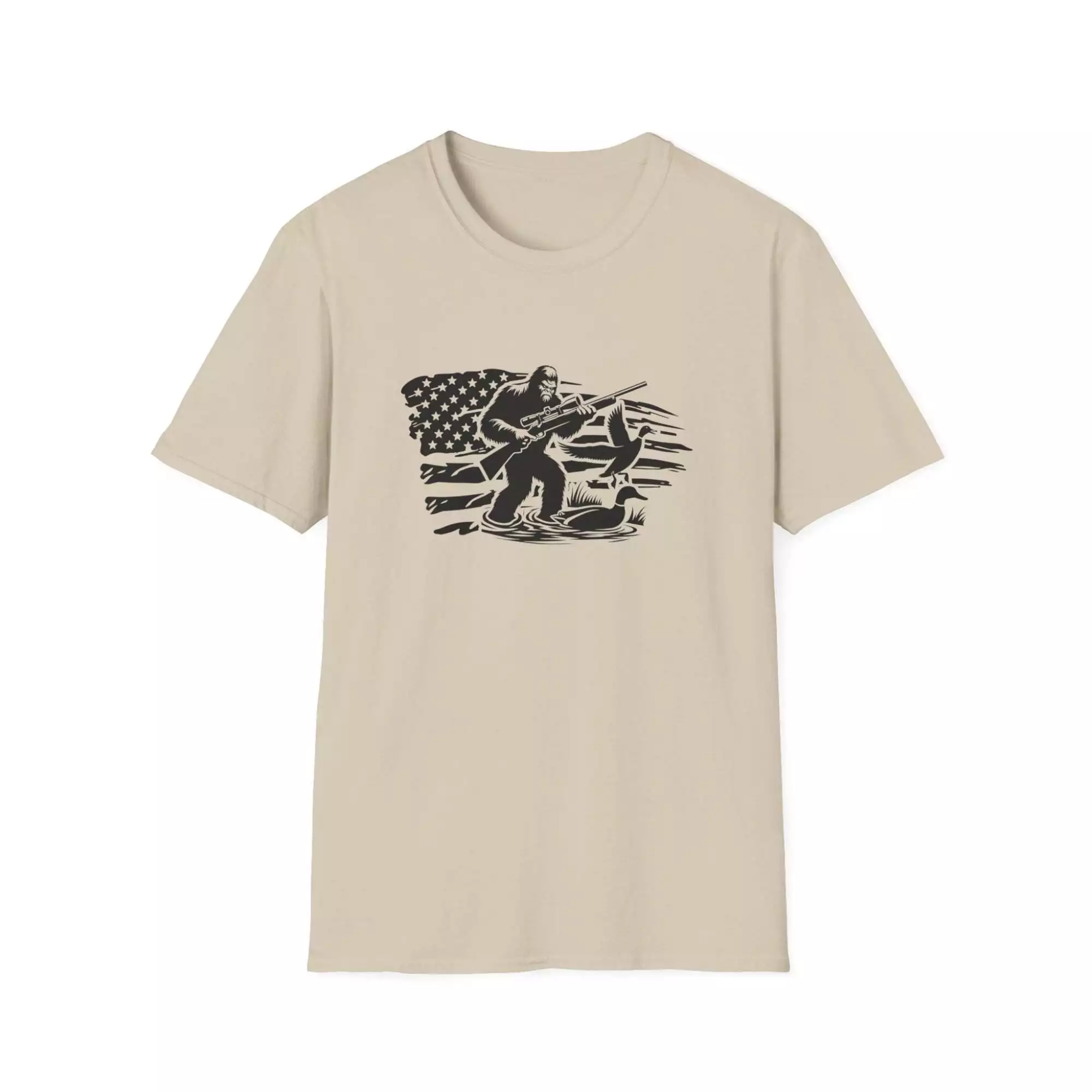 Distressed US Flag Bigfoot Hunting T-Shirt, Patriotic American Tee, Sasquatch Lover Gift, Vintage American Flag Shirt, USA Hunting Shirt, - Image 4