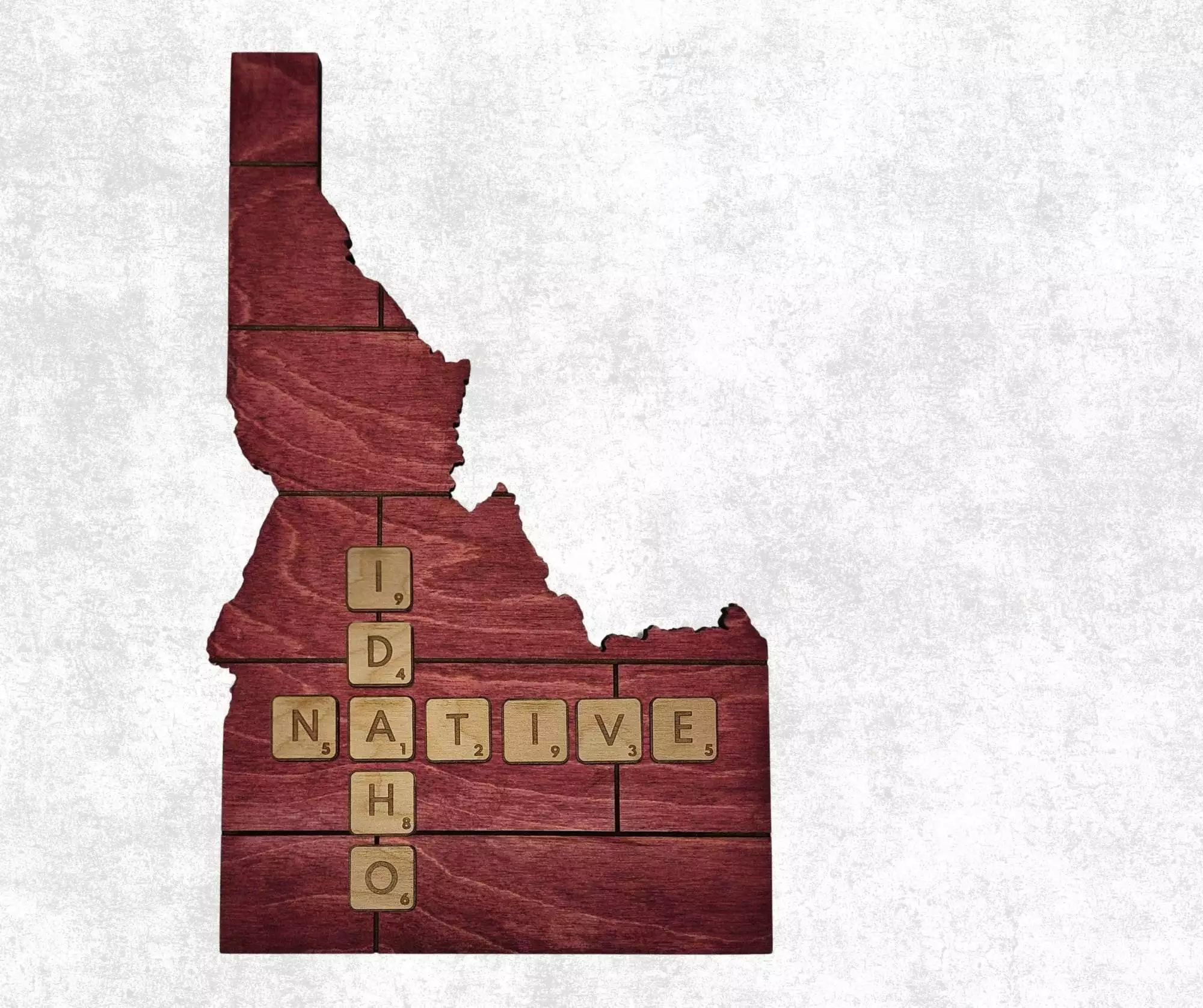 Idaho Native Accent | Rustic Laser Cut Wall & Table Decor | Unique Idaho Sign with Tile Letters for Home or Cabin Decor - Red Stain - Faux Plank Engrave - Image 3