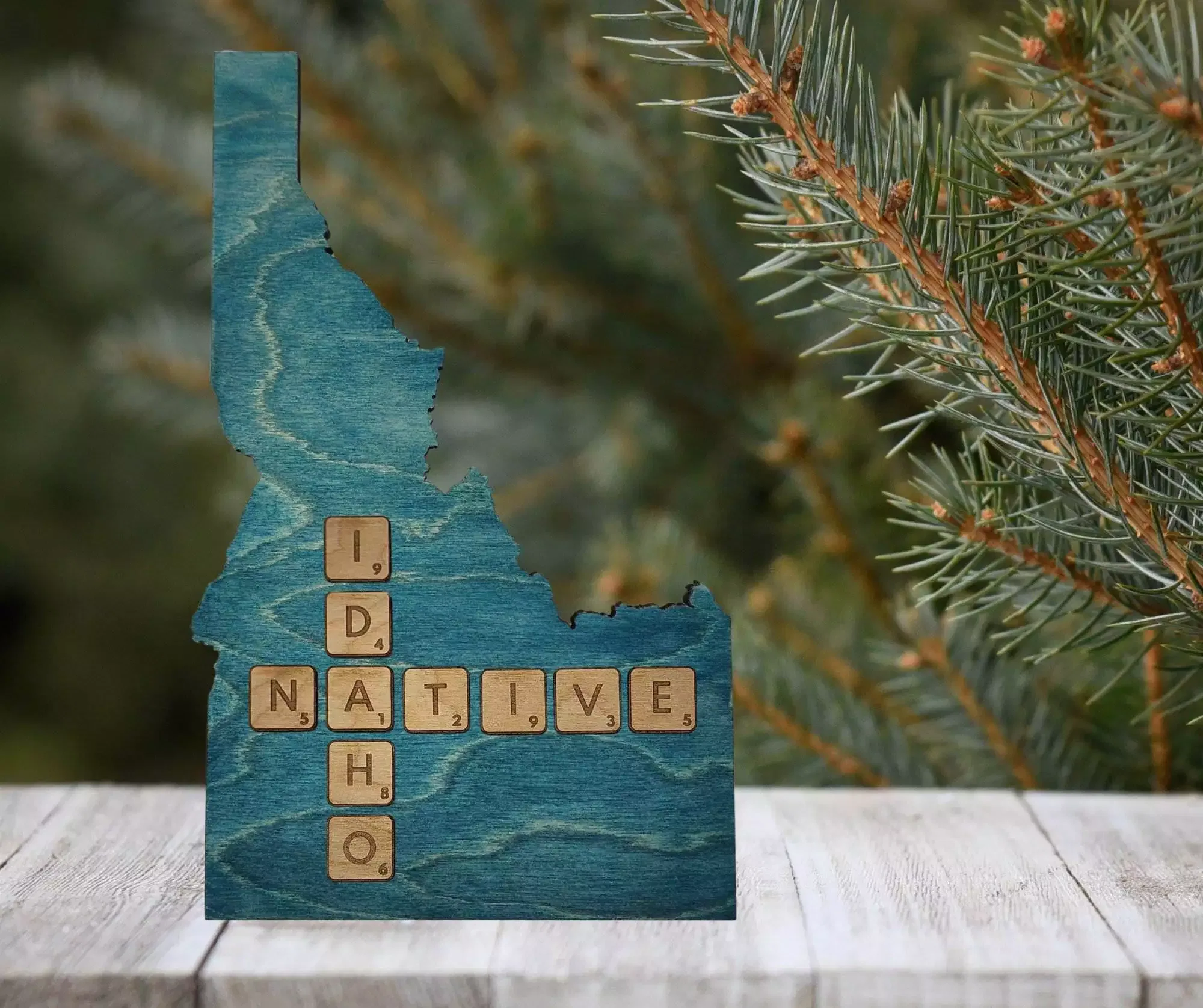 Idaho Native Accent | Rustic Laser Cut Wall & Table Decor | Unique Idaho Sign with Tile Letters for Home or Cabin Decor - Turquoise Stain