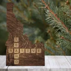 Idaho Native Accent | Rustic Laser Cut Wall & Table Decor | Unique Idaho Sign with Tile Letters for Home or Cabin Decor – Walnut Stain – Faux Plank Engrave