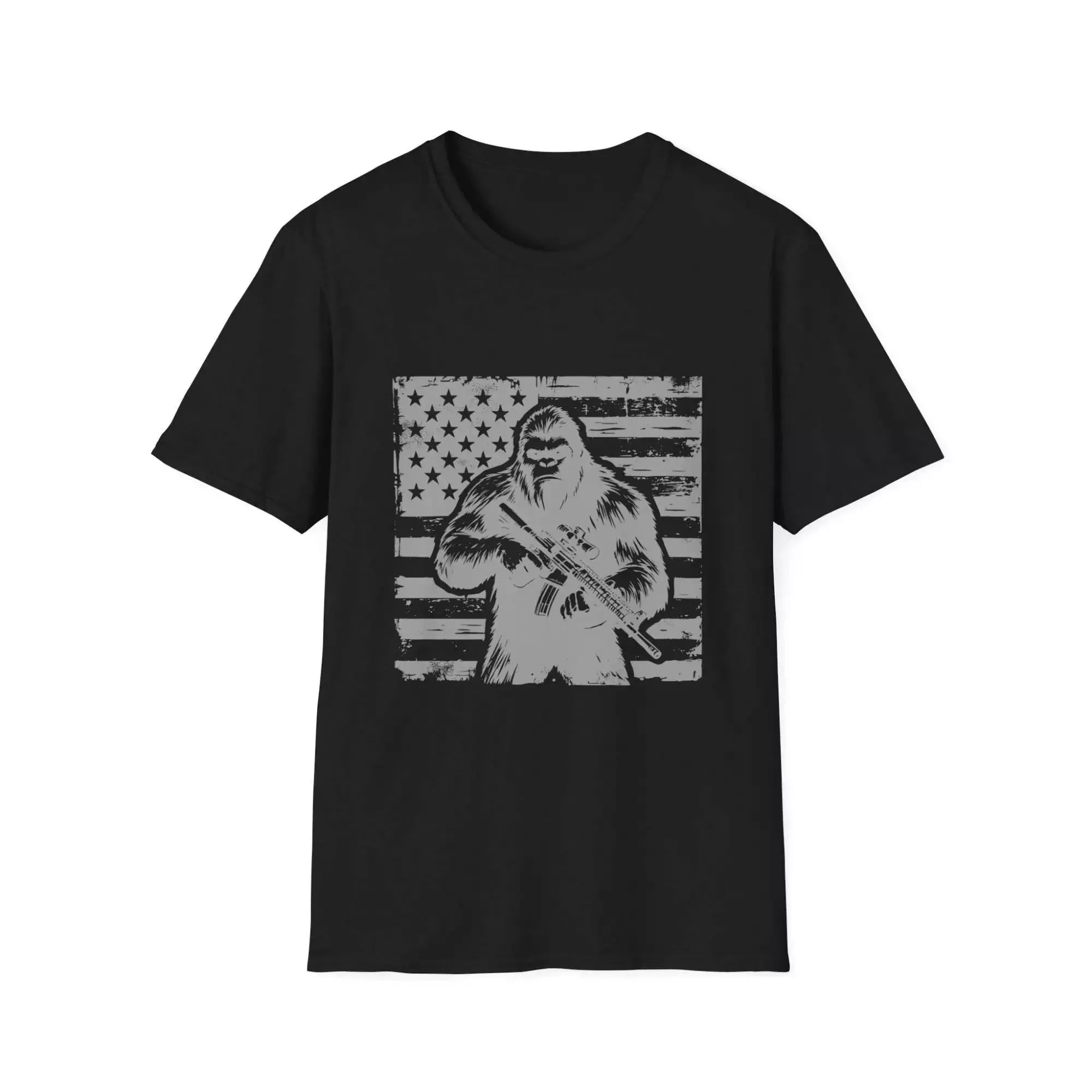 Distressed US Flag Bigfoot AR Unisex T-Shirt, Patriotic Tee, American Flag Shirt, Sasquatch Top, USA Independence Day Gift - Image 3