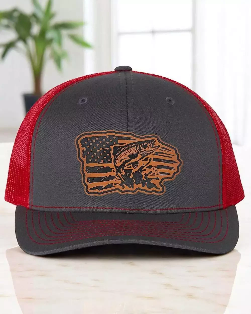 Distressed US Flag and Trout Leatherette Hat Patch – Stylish Fishing Accessories