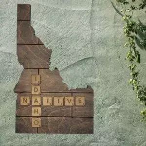 Idaho Native Accent | Rustic Laser Cut Wall & Table Decor | Unique Idaho Sign with Tile Letters for Home or Cabin Decor – Gray Stain – Faux Plank Engrave