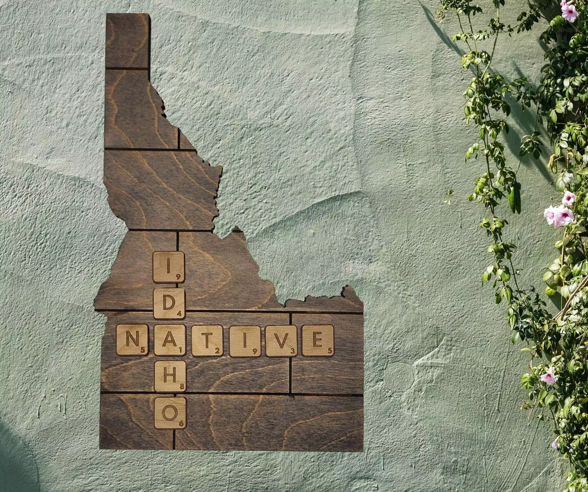 Idaho Native Accent | Rustic Laser Cut Wall & Table Decor | Unique Idaho Sign with Tile Letters for Home or Cabin Decor - Gray Stain - Faux Plank Engrave - Image 2