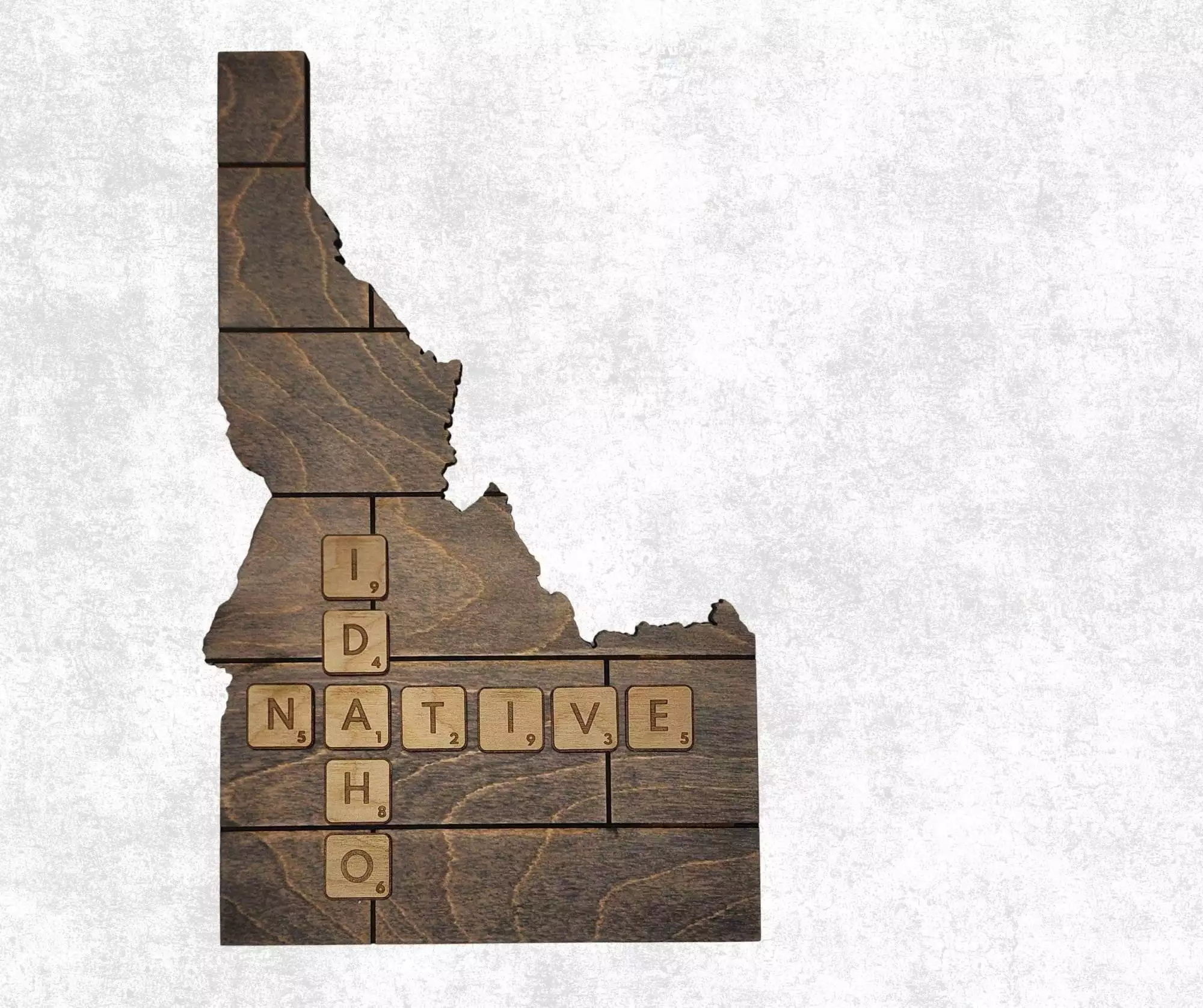 Idaho Native Accent | Rustic Laser Cut Wall & Table Decor | Unique Idaho Sign with Tile Letters for Home or Cabin Decor - Gray Stain - Faux Plank Engrave - Image 3
