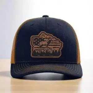 Distressed US Flag, Elk Leatherette Hat Patch – Men’s & Women’s Hunting Fashion Accessories