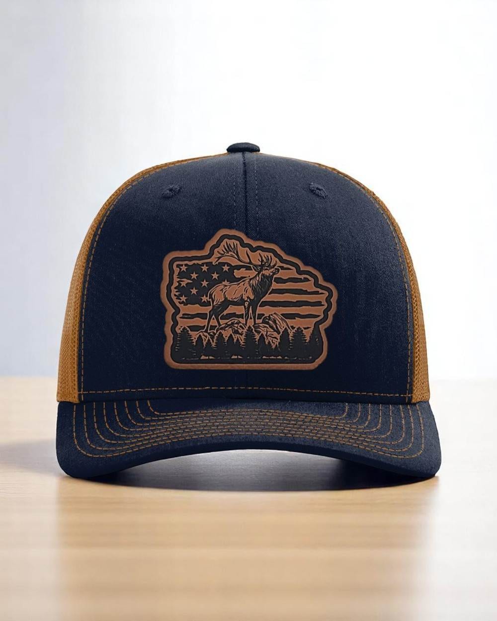 Distressed US Flag, Elk Leatherette Hat Patch - Men’s & Women’s Hunting Fashion Accessories