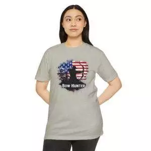 Bow Hunter T-Shirt, Unisex CVC Tee, Archery Gift, Outdoor Apparel, Hunting Theme, American Flag Style