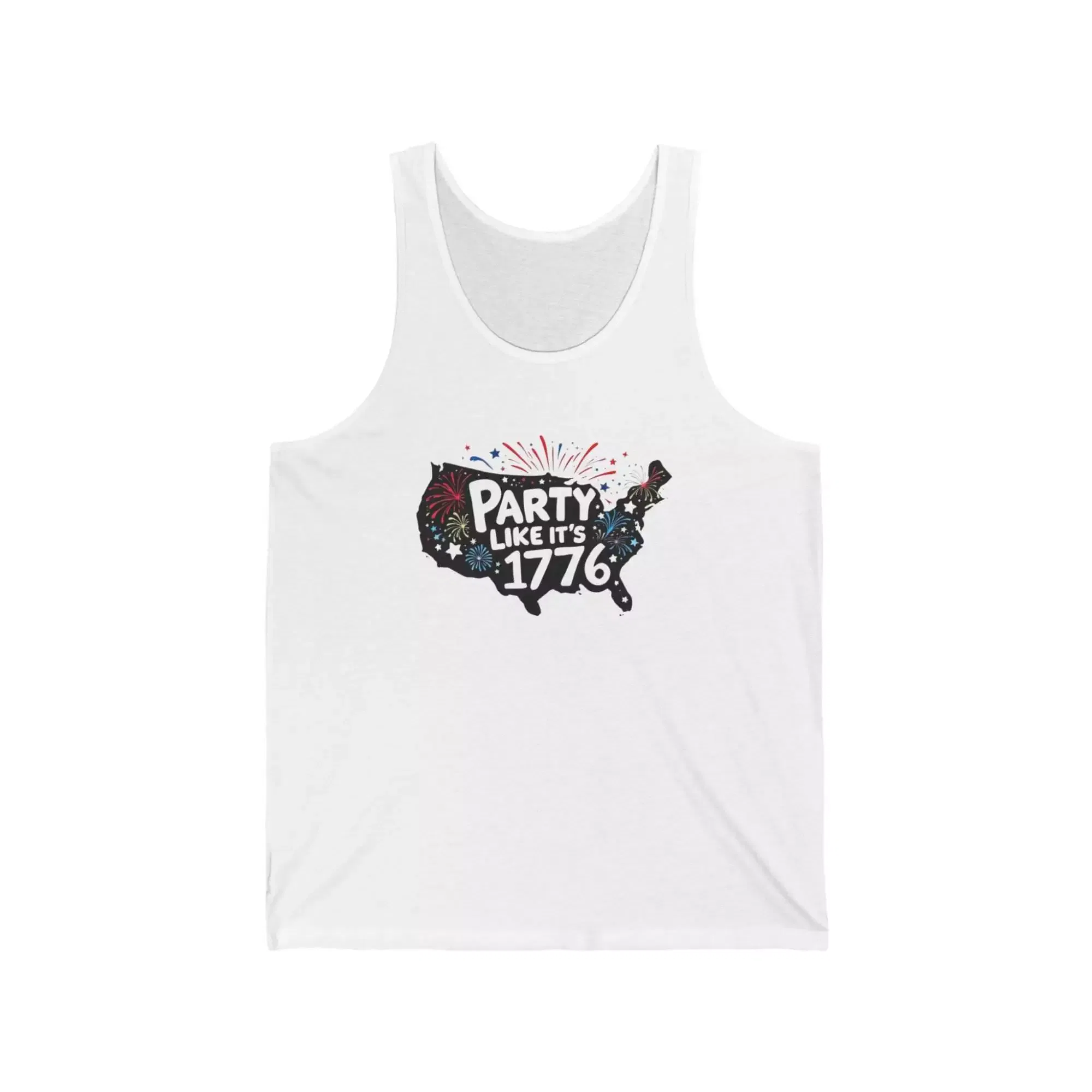 Unisex Jersey Tank Top with 'Party Like It's 1776' Design, Patriotic Summer Wear, 4th of July, BBQ, Casual Styles, Comfortable Fit