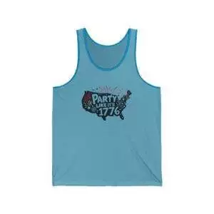 Unisex Jersey Tank Top with ‘Party Like It’s 1776’ Design, Patriotic Summer Wear, 4th of July, BBQ, Casual Styles, Comfortable Fit
