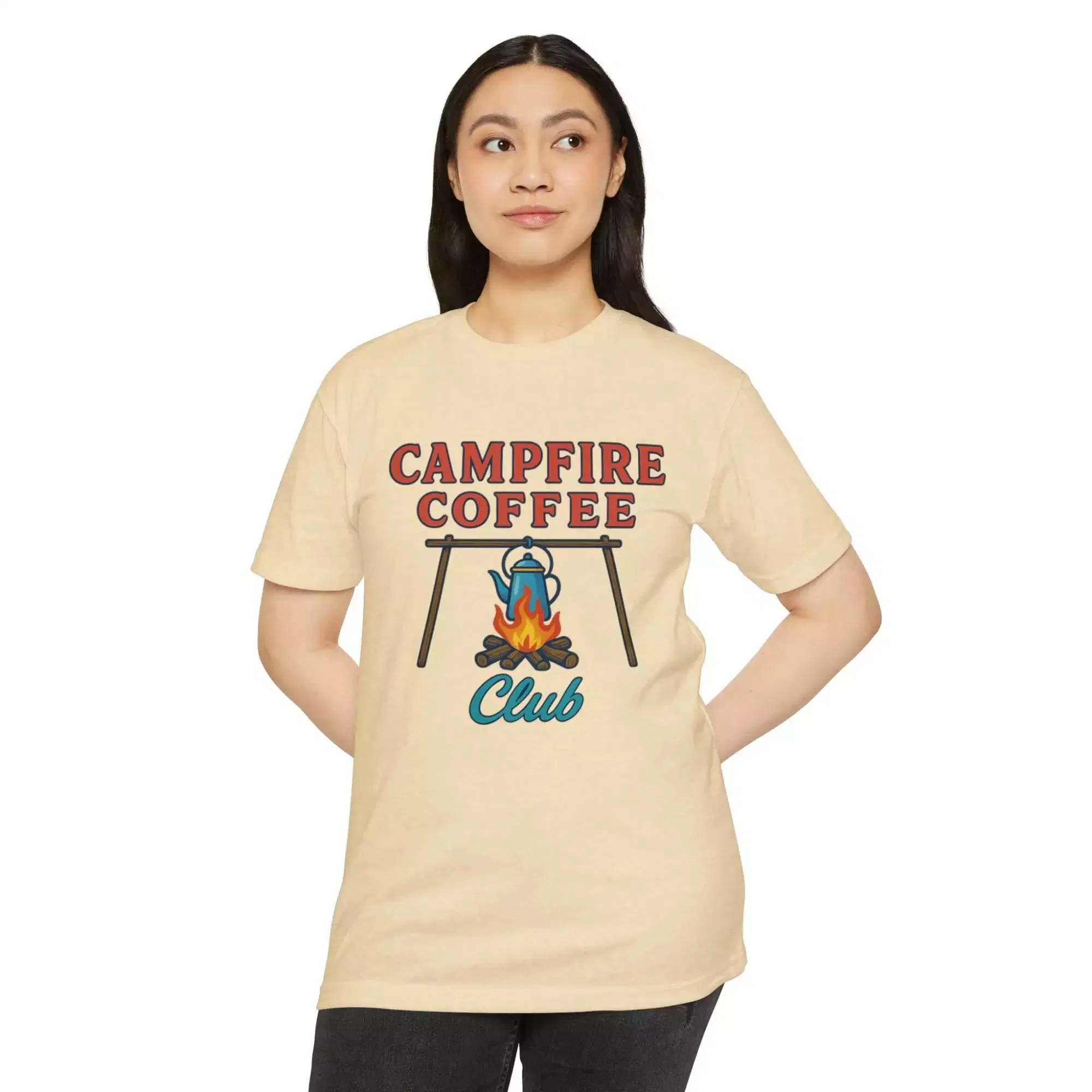 Campfire Coffee Club T-Shirt, Unisex Camp T-Shirt, Camping Apparel, Coffee Lover Gift, Outdoor Adventure Tee, Summer Festival Wear, [...] - Image 3