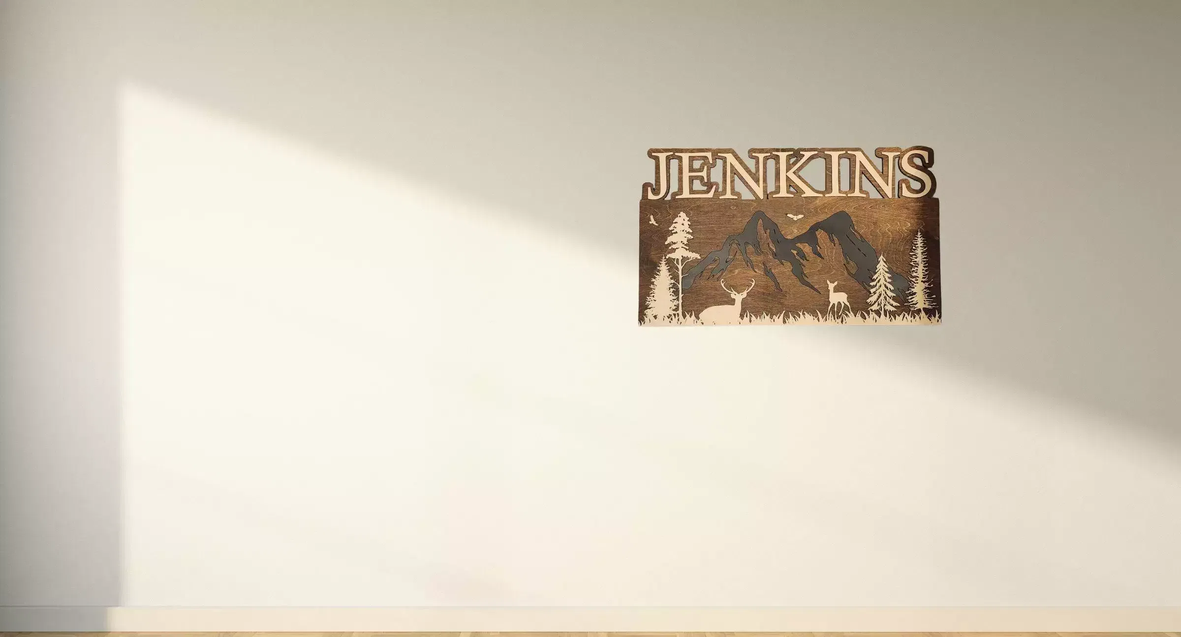 A rustic name sign featuring a forest scene