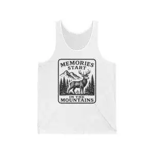 Memories Start in the Mountains Unisex Jersey Tank Top, Mountain Lover Gift, Nature Enthusiast Apparel, Summer Wear, Adventure Tank