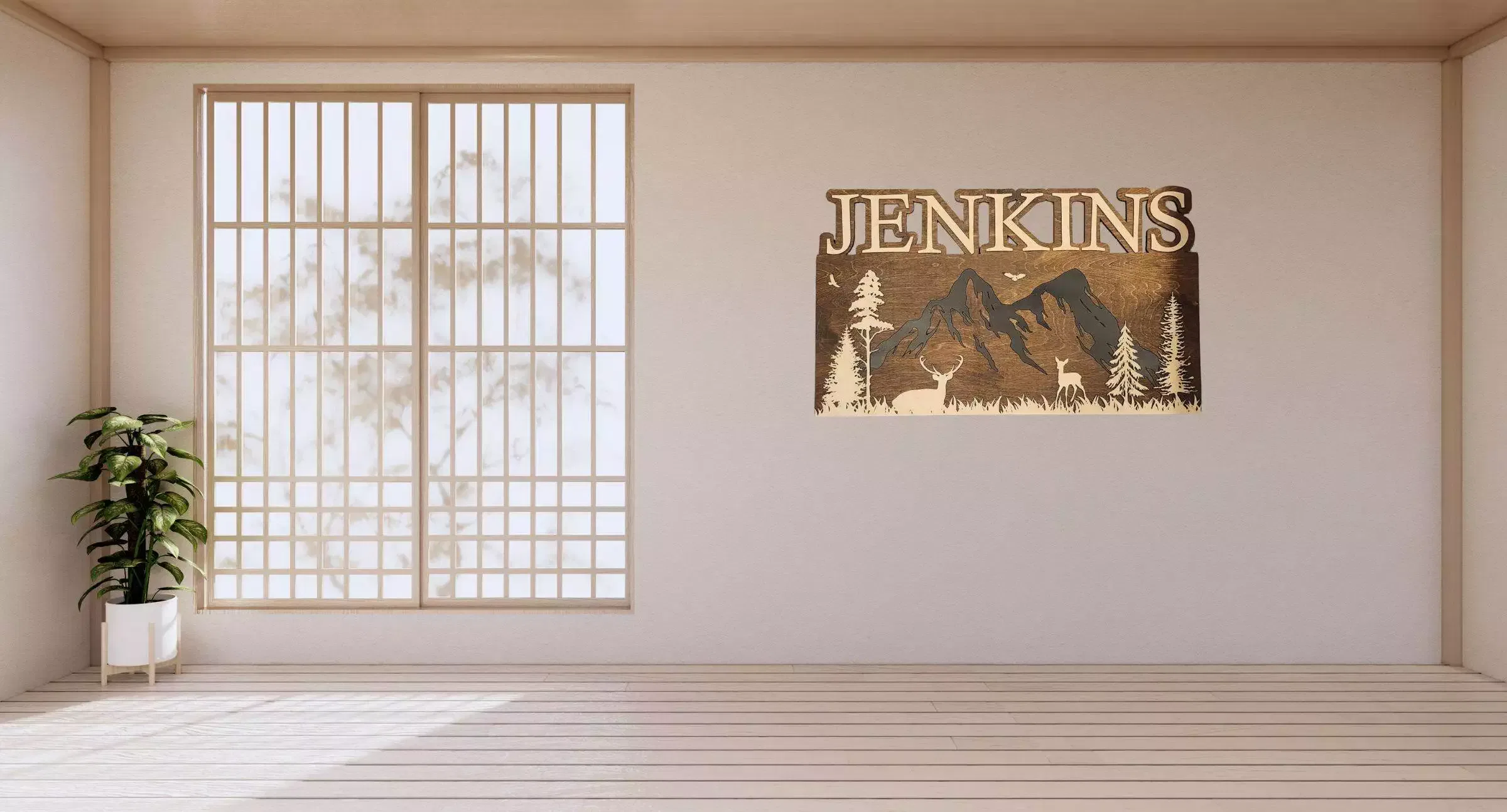 A rustic name sign featuring a forest scene