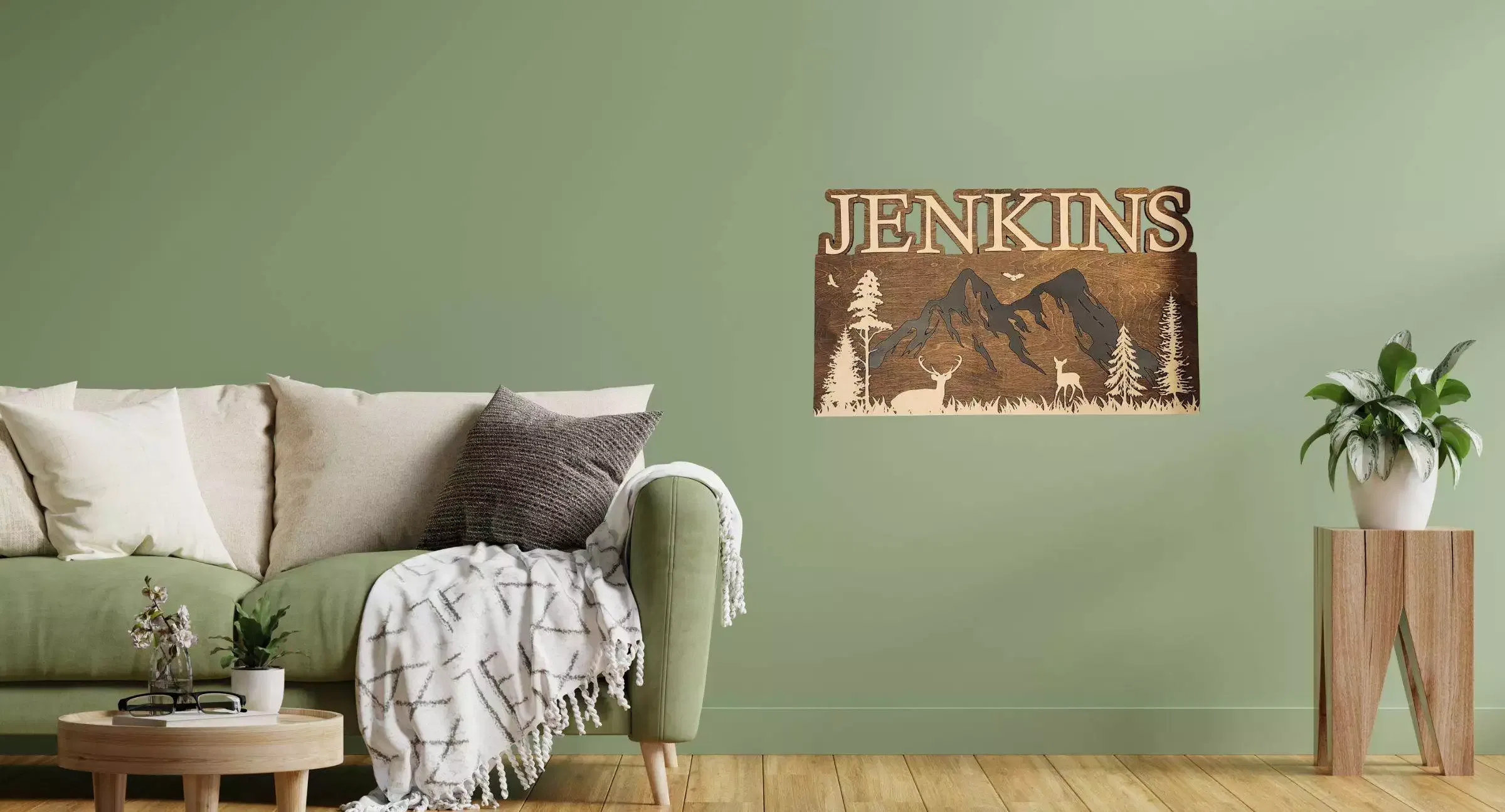 A rustic name sign featuring a forest scene