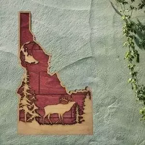 Idaho Sign – Rustic Home Decor with Forest Scene, Perfect Gift for Idaho Lovers & Nature Enthusiasts – Red Planked Stain