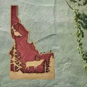 Idaho Sign – Rustic Home Decor with Forest Scene, Perfect Gift for Idaho Lovers & Nature Enthusiasts – Red Stain