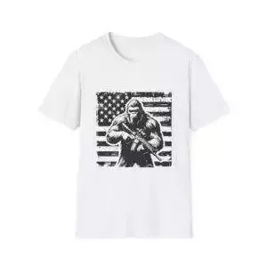 Distressed US Flag Bigfoot AR Unisex T-Shirt, Patriotic Tee, American Flag Shirt, Sasquatch Top, USA Independence Day Gift