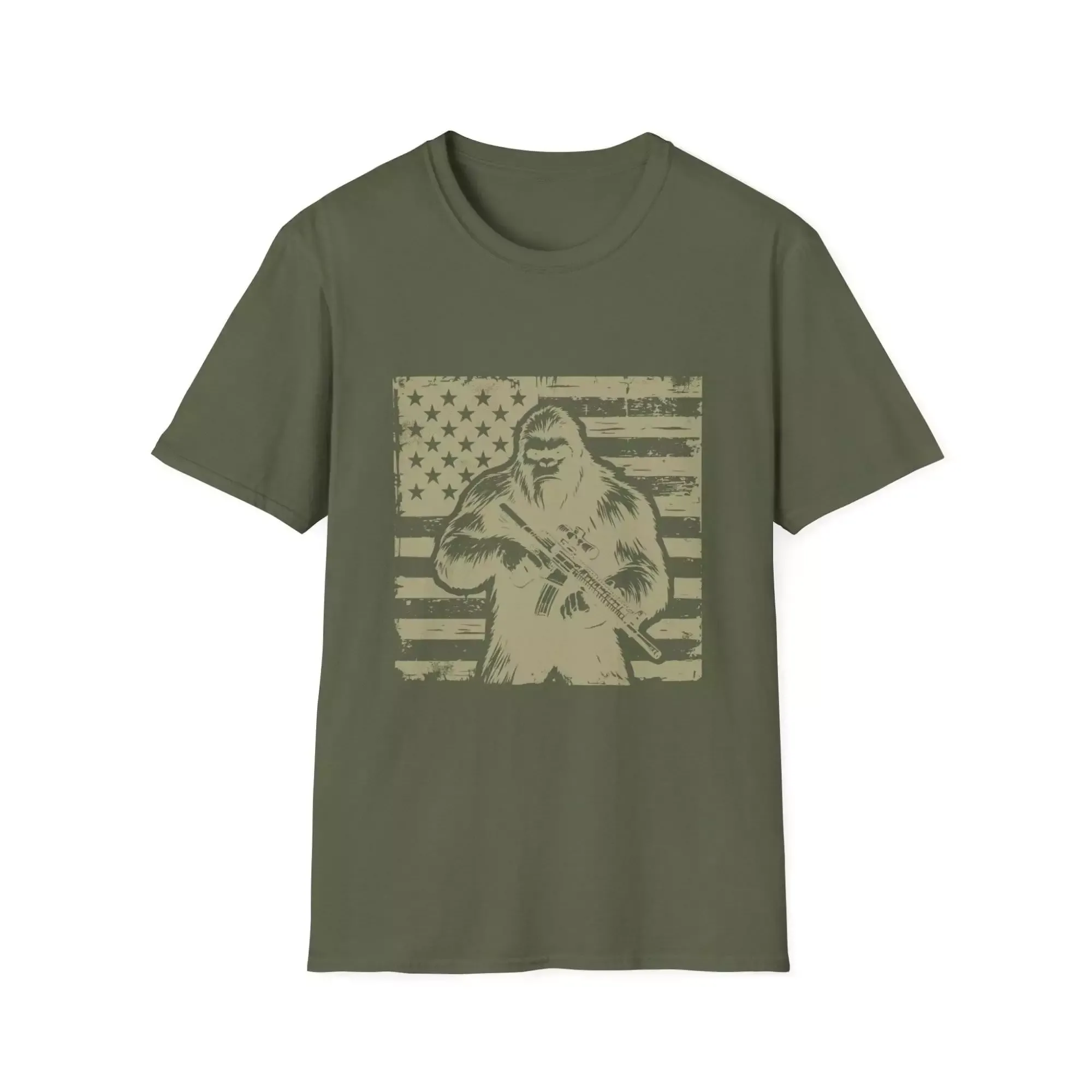 Distressed US Flag Bigfoot AR Unisex T-Shirt, Patriotic Tee, American Flag Shirt, Sasquatch Top, USA Independence Day Gift - Image 6