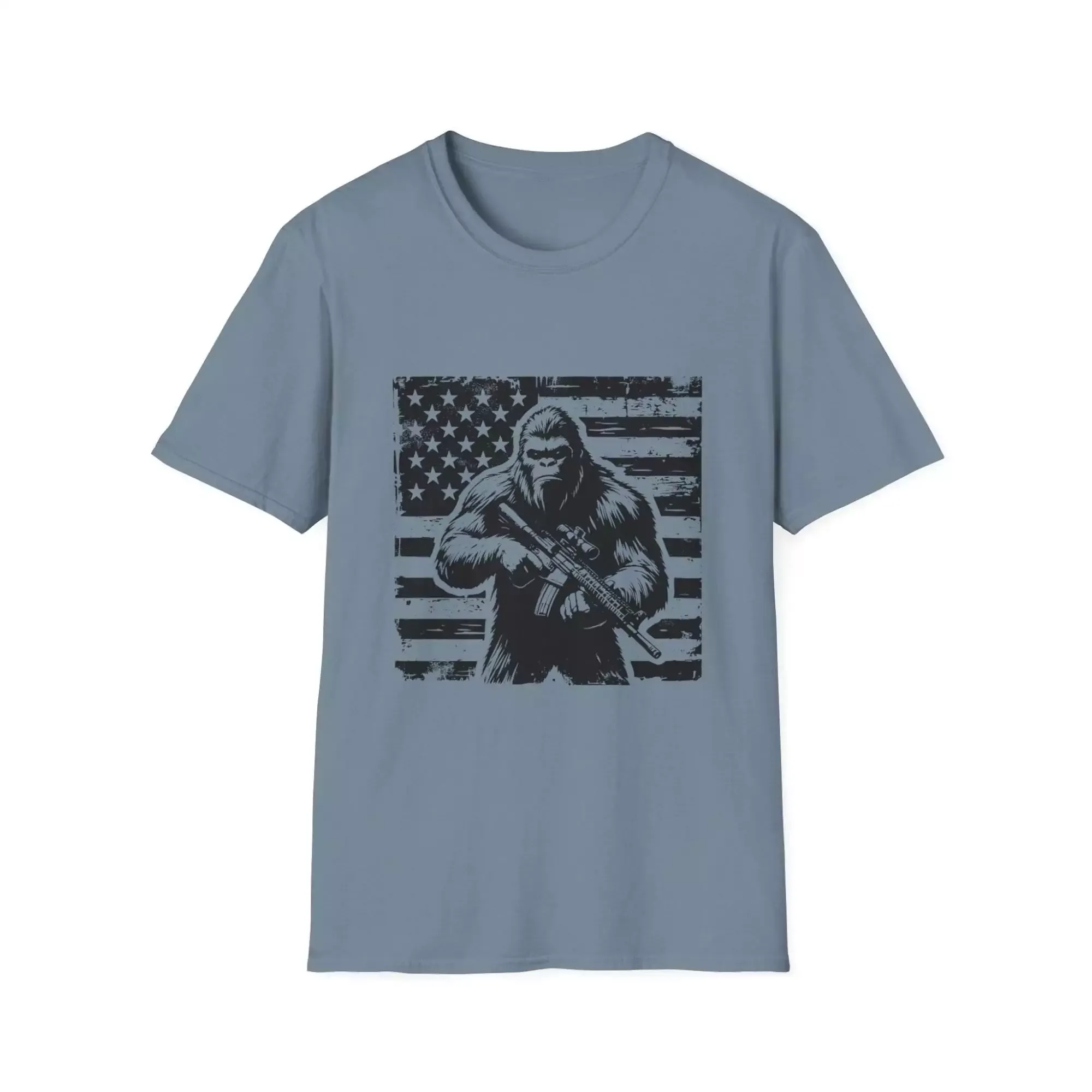 Distressed US Flag Bigfoot AR Unisex T-Shirt, Patriotic Tee, American Flag Shirt, Sasquatch Top, USA Independence Day Gift - Image 9