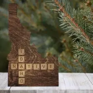 Idaho Native Accent | Rustic Laser Cut Wall & Table Decor | Unique Idaho Sign with Tile Letters for Home or Cabin Decor – Walnut Stain – Faux Plank Engrave