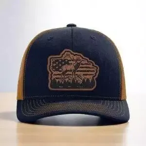 Distressed US Flag, Elk Leatherette Hat Patch – Men’s & Women’s Hunting Fashion Accessories