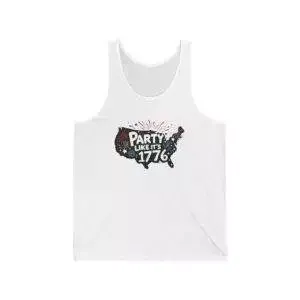 Unisex Jersey Tank Top with ‘Party Like It’s 1776’ Design, Patriotic Summer Wear, 4th of July, BBQ, Casual Styles, Comfortable Fit
