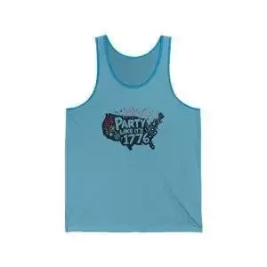 Unisex Jersey Tank Top with ‘Party Like It’s 1776’ Design, Patriotic Summer Wear, 4th of July, BBQ, Casual Styles, Comfortable Fit