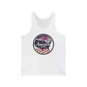 Patriotic Unisex Jersey Tank Top – America 1776 Fireworks Design, Independence Day, Summer BBQ, Fourth of July, Casual Wear