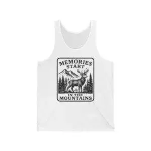 Memories Start in the Mountains Unisex Jersey Tank Top, Mountain Lover Gift, Nature Enthusiast Apparel, Summer Wear, Adventure Tank